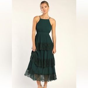 Came For Cocktails Emerald Green Pleated Tiered Lace Maxi Dress